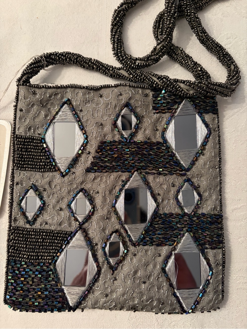 Beaded Mirror Accent Vintage Inspired Evening Crossbody Bag - Gray NWT
